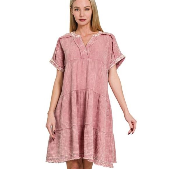 Zenana Washed Double Gauze Raw Edge V-Neck Dress - Picture 1 of 3